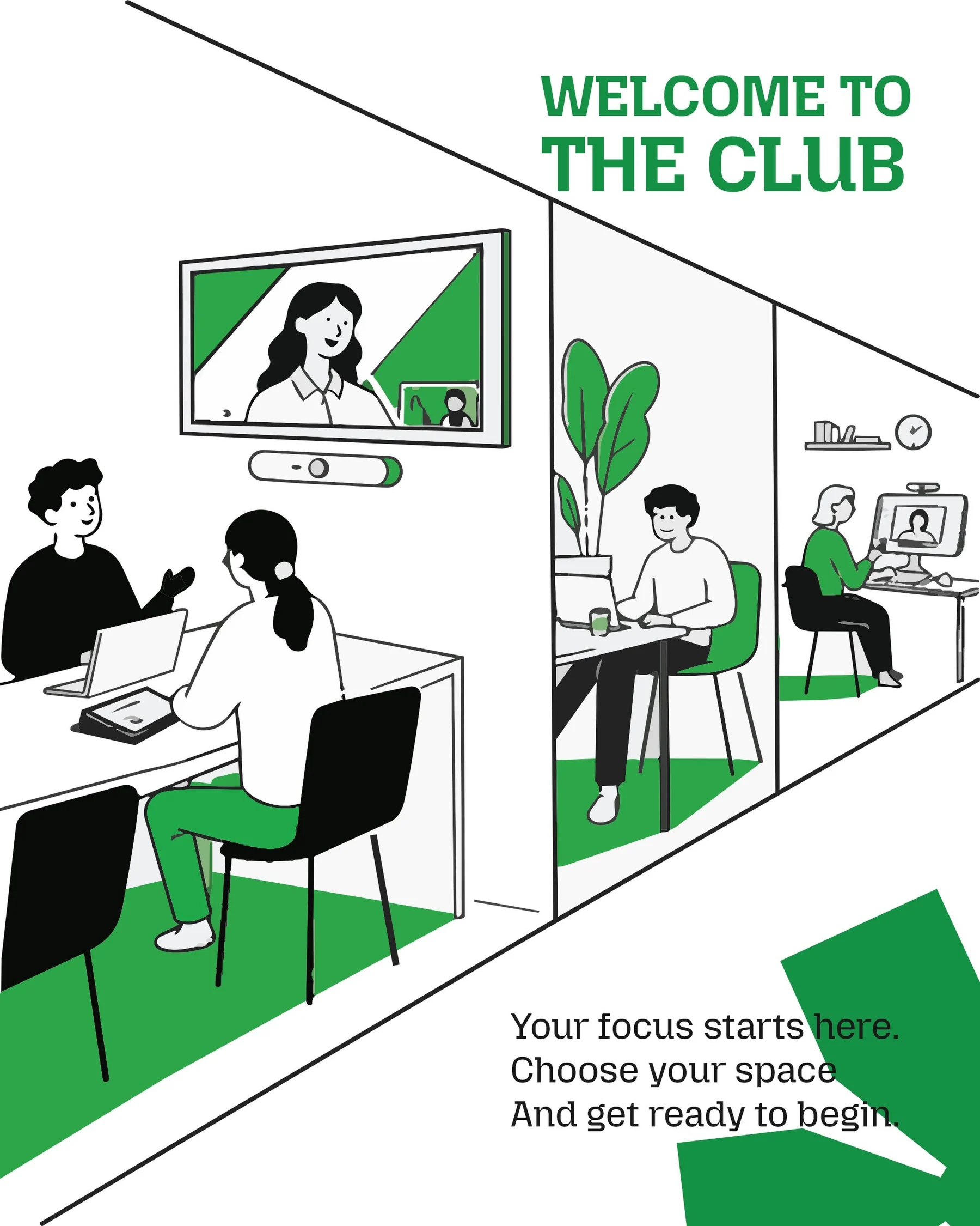 Illustrated view of The Club workspace and private rooms