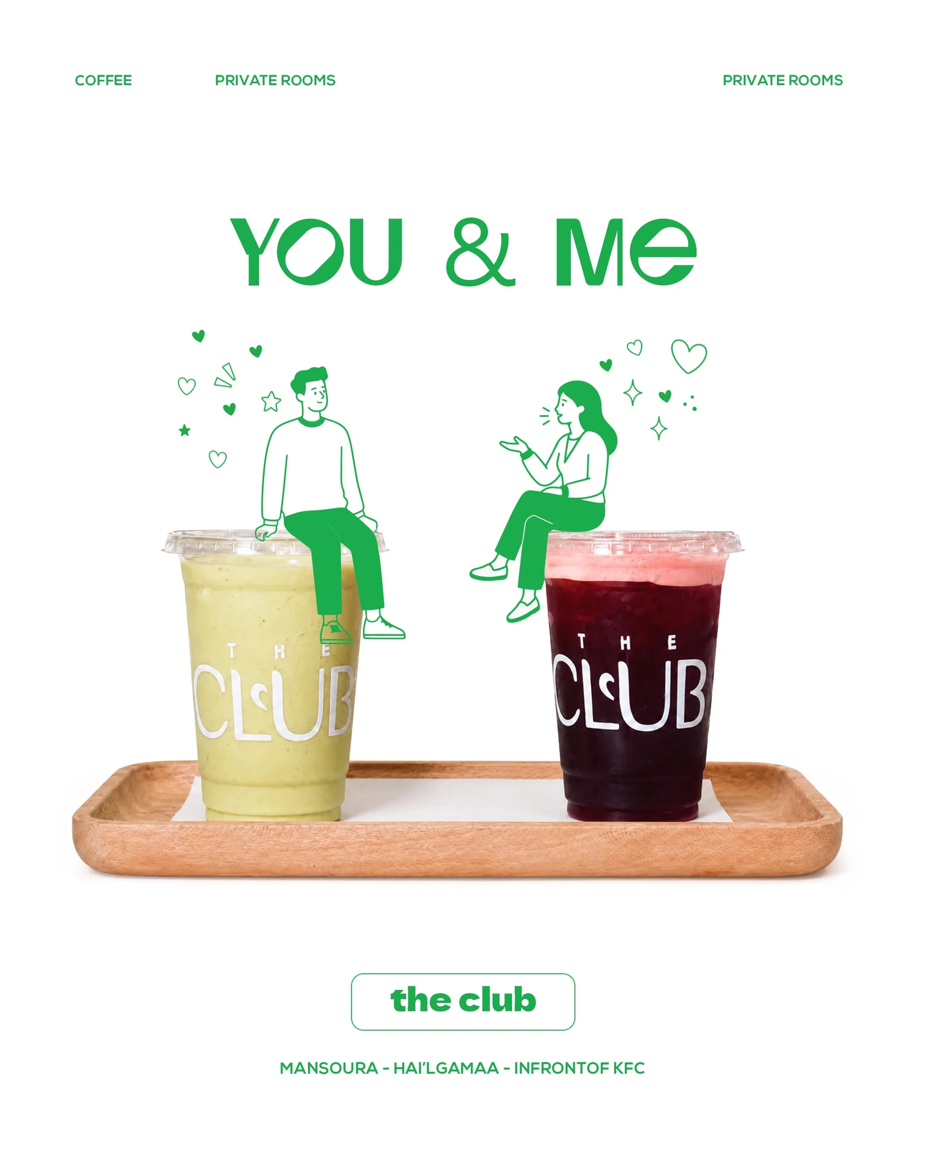 Two illustrated friends sitting above two colorful The Club drinks